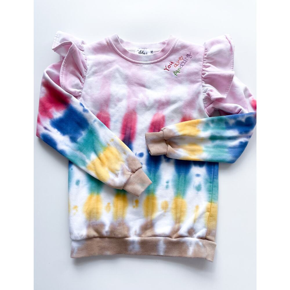 Lola + The Boys Tie Die 'You are Amazing" Ruffle Fleece Crewneck Sweatshirt Sz 8